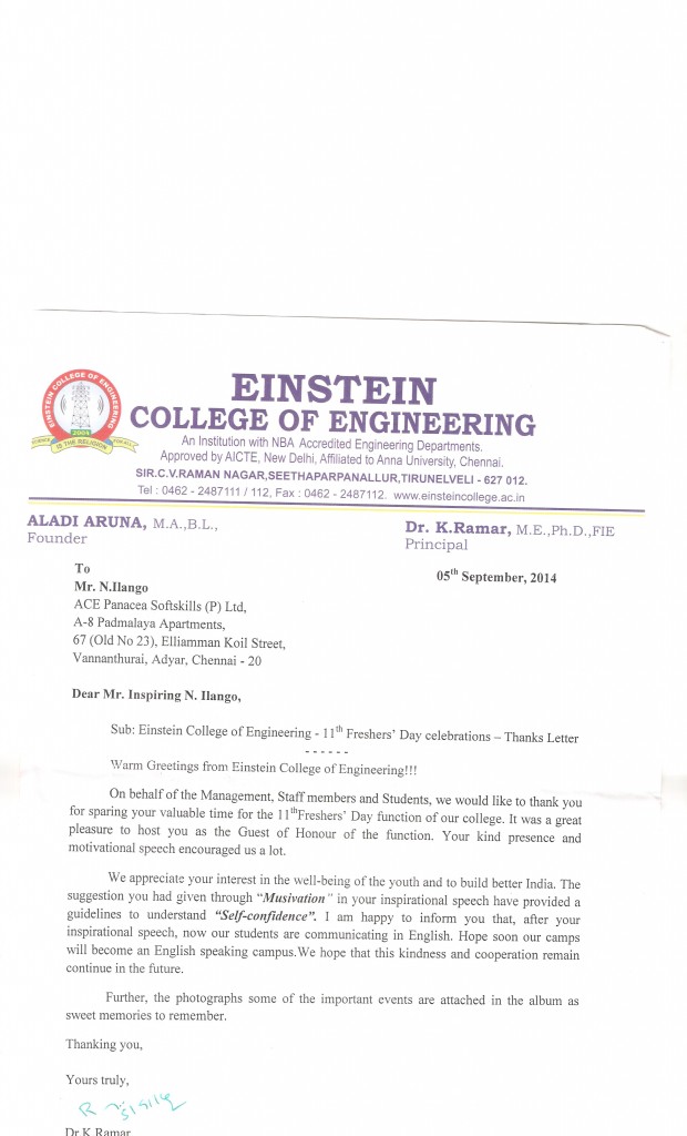 Thanks giving letter to inspirng ilango -Einstein college