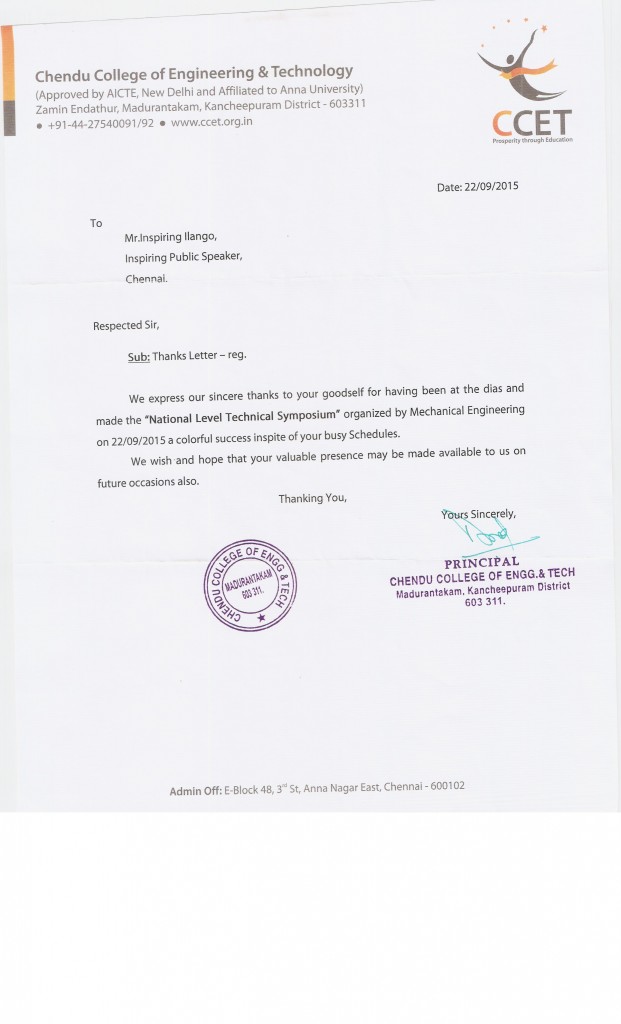 Thanks letter from Chendu college of Engineering and technology